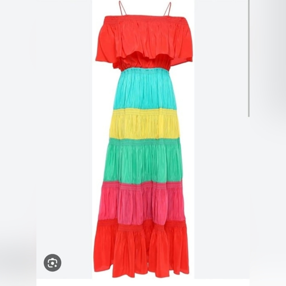Alice + Olivia Kia Smocked Rainbow Cold-Shoulder Dress Size 10 - Picture 5 of 12